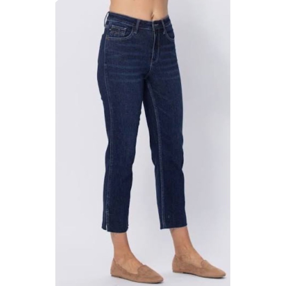 Judy Blue High Rise Straight Leg Jeans Dark Wash Raw Hem Side Slit Denim